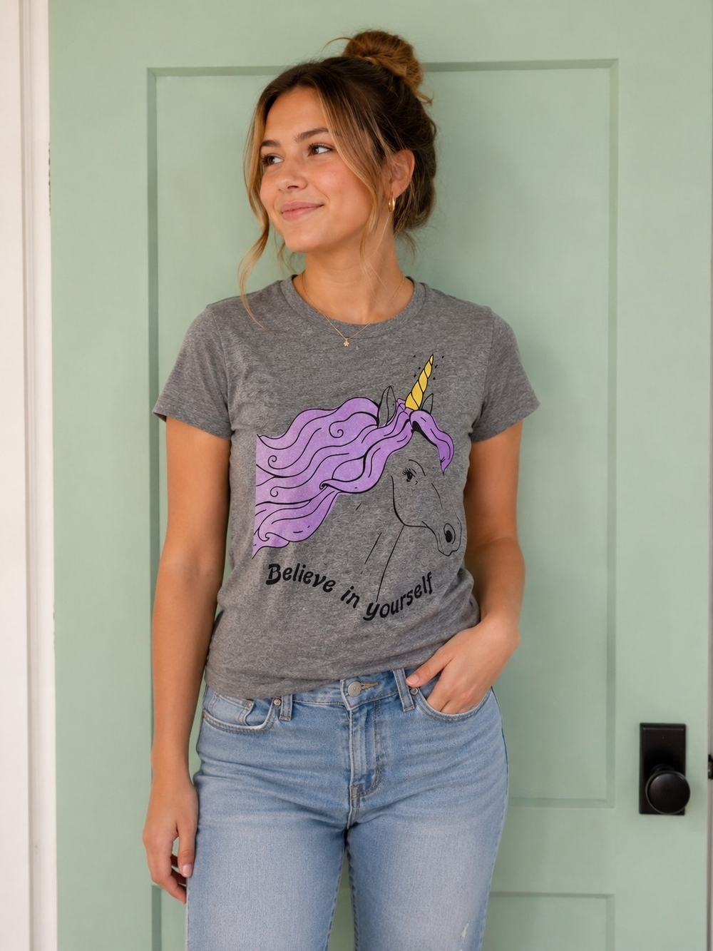 No Boundaries Gray Tee with Purple Unicorn and Yellow Horn - Women